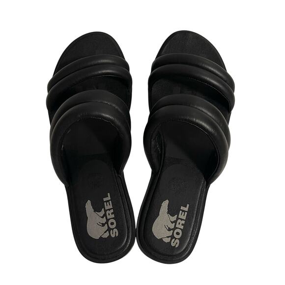 SOREL Ella II Puff Slide Sandal Black Leather US 9 Summer Strappy - Picture 4 of 9
